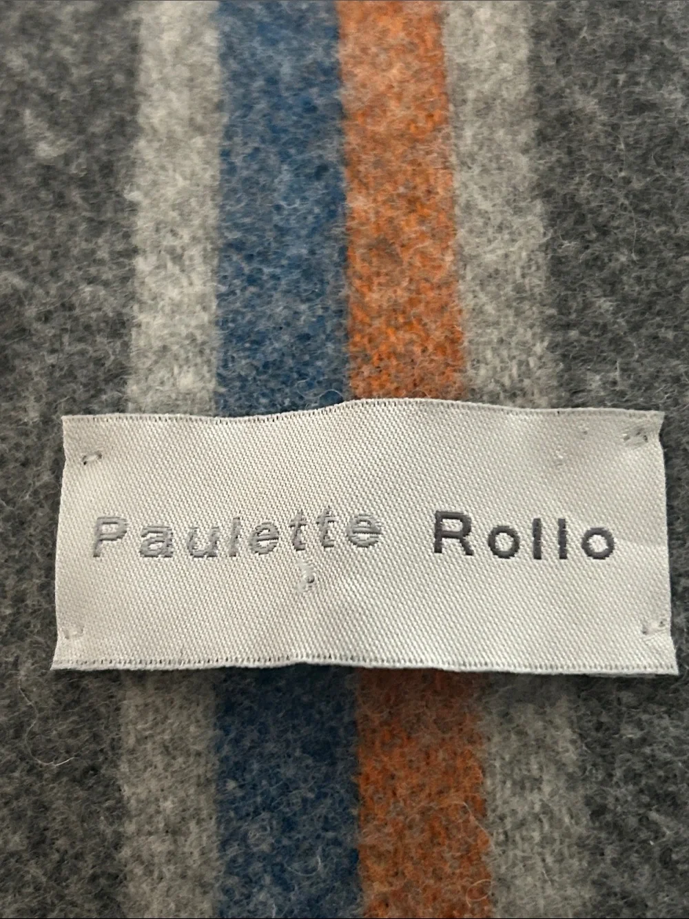 Paulette Rollo Striped long Wool muffler Scarf in Gray, Green & Blue